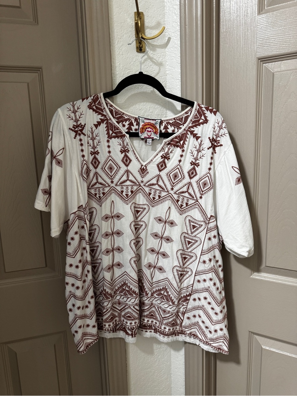 Johnny Was White Tee with Rust Geometric Embroidery